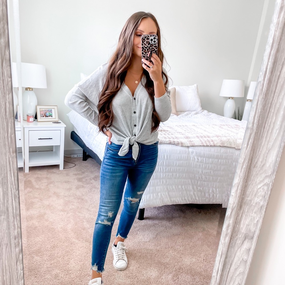 Tie front waffle knit top size S